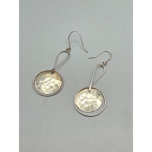 Sterling Silver 925 Dangles Earrings Pierced Long Drops with Hammered Disks - Picture 4 of 6